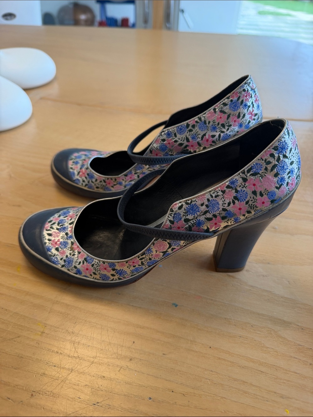 Marc Jacobs Navy Floral Mary Jane Heels with Pink Accents